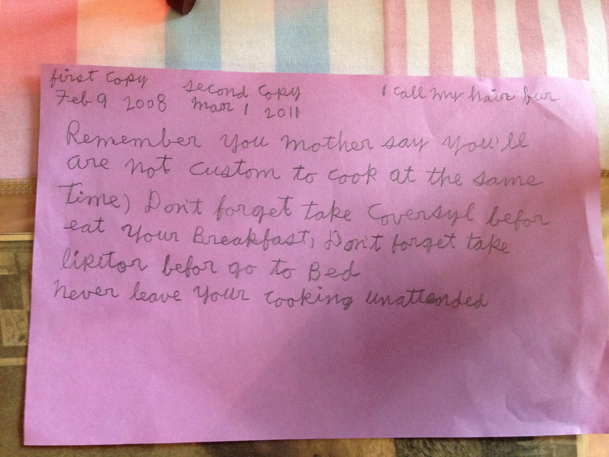 Dave's handwritten instructions and reminders for everyday life